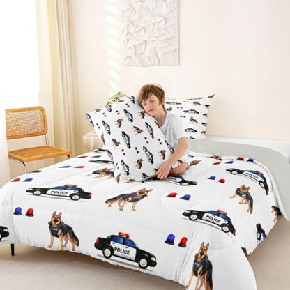 Feelyou Police Car Comforter Set King Size Dogs Bedding Set for Kids Boys Girls Policeman Vehicle Duvet Quilt Bedroom Decor Microfiber 3 Pcs with 2 Pillow Cases