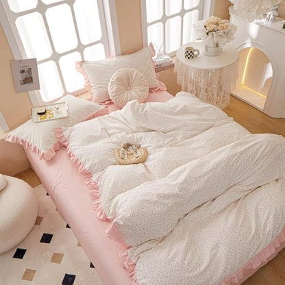 Pink Floral Comforter Set Queen Romantic Girls Ruffle Lace Bedding Set Queen Fluffy Soft Botanical Flowers Comforter with 2 Pillowcases Lightweight Bedding Cottagecore Comforter Set for All Season