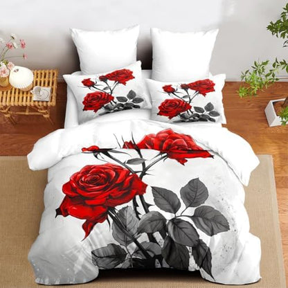 CCoutueChen Floral Comforter Set Red Rose Green Botanical Bedding King