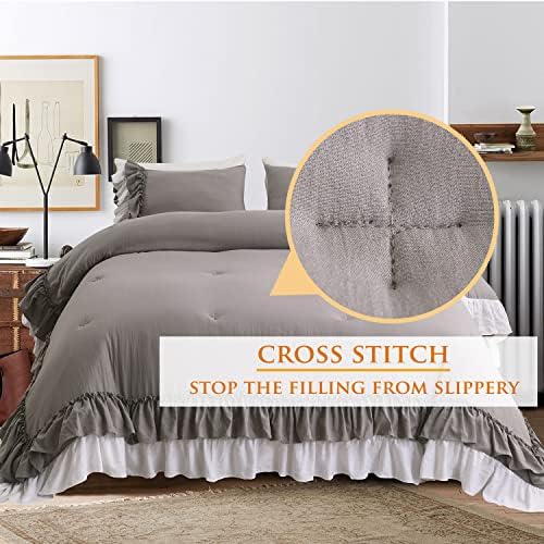 Masaca Shabby Ruffled Comforter King Size,Vintage Farmhouse Ruffle King Size Comforter Set French Country Rustic Aesthetic Bedding Extra Soft 3 Pieces
