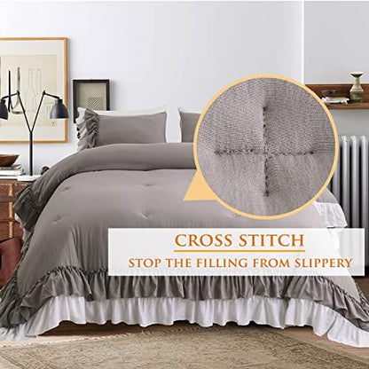 Masaca Ruffle Queen Comforter Set,Grey White Ruffled Comforter Sets for Queen Bed Shabby Boho Chic Farmhouse Bedding Set(1 Ruffle Comforter and 2 Pillowcases)