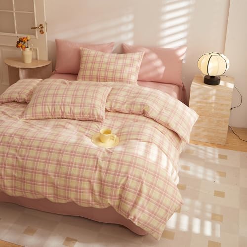 LifeTB Pink & Yellow Plaid Comforter Set Twin XL, Modern Style 3 Piece Gingham Comforter with 2 Pillowcases, Fluffy Soft Farmhouse Grid Bedding Set, Vintage Plaid Checkered Comforter for All Season