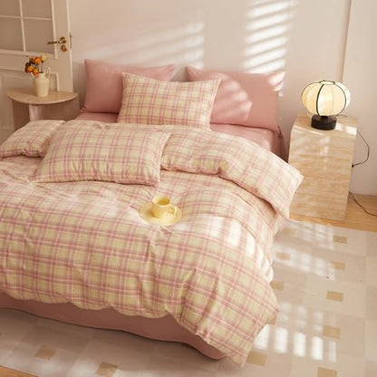 LifeTB Pink & Yellow Buffalo Plaid Comforter Set Full Size, 3 Piece Vintage Plaid Checkered Pattern Comforter with 2 Pillowcases, Grid Farmhouse Bedding Set Gingham Bedding Comforter for All Season