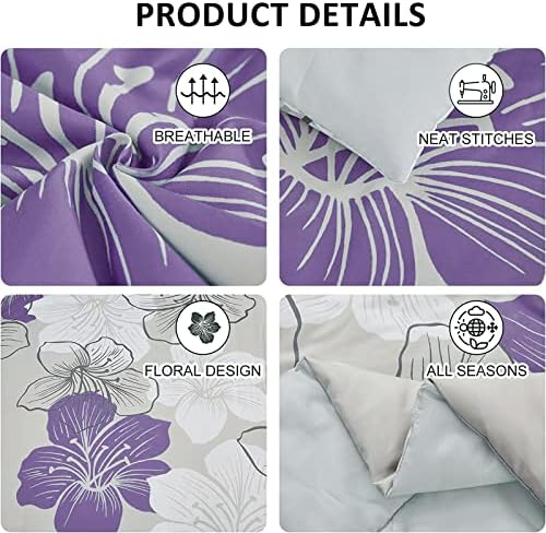 Purple Comforter Set Queen Size, Purple Floral Pattern Printed on Light Grey, Soft Microfiber 7 Pieces Bed in a Bag (1 Comforter, 2 Pillow Shams, 1 Flat Sheet, 1 Fitted Sheet, 2 Pillowcases)
