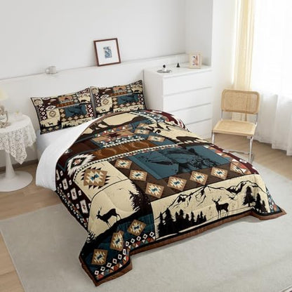 Deer and Bear Wild Animal Comforter Set Twin Size,Tribal Exotic Style Patchwork Plaid Quilt Set for Kids Boys Bedroom Collection,Retro Rustic American Geometric Soft Bedding Set with 1 Pillowcase