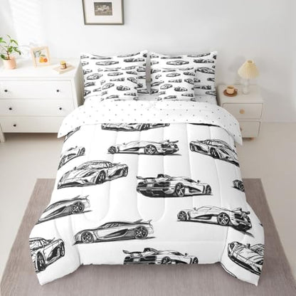 Feelyou Race Car Queen Comforter Set with Sheets for Kids Boys Girls Black White Speed Sports Car 7 Pieces Bedding Set Extreme Sports Bed in a Bag Room Decor Soft Lightweight Microfiber