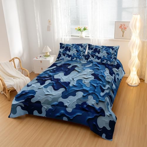 Nttopship Camouflage Bedding Set,Blue Camouflage Pattern Style Full Comforter Set for Adult Teens Camo Bed in A Bag 3 Pieces,Camo Pattern Room Decor with Comforter and 2 Pillow Case