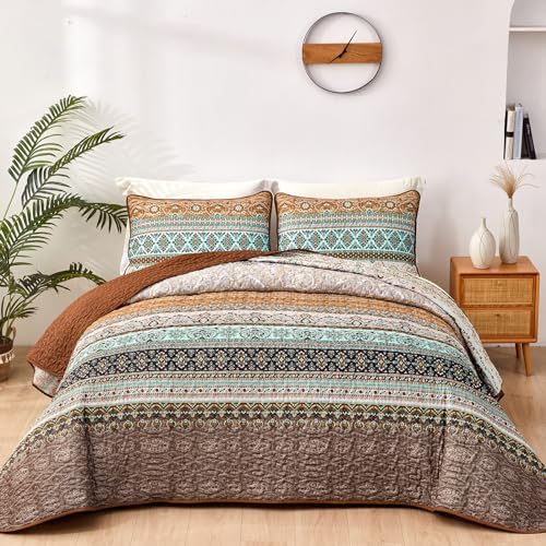 WONGS BEDDING Boho Full Quilt Bedding Set, 3 Pieces Soft Bedspread,Brown