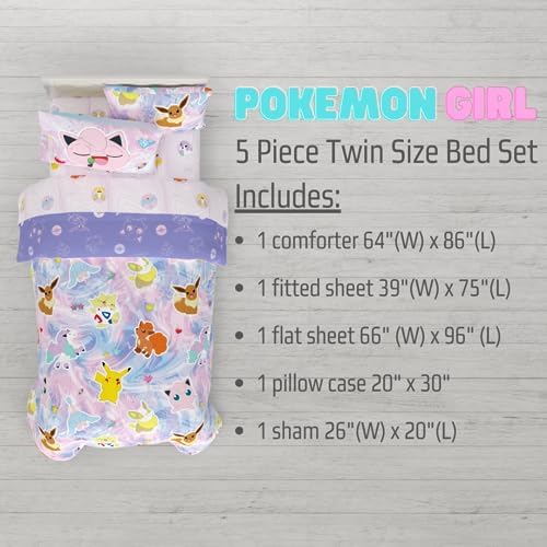 Franco Pokémon Girl Kids Bedding Twin Size – 5 Piece Comforter & Sheet Set with Sham – Super Soft – Eevee, Pikachu & Jigglypuff – (Officially Licensed Product)