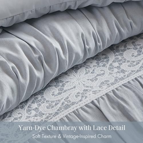 Madison Park 5-Piece Farmhouse Comforter Set with Ruching & Lace Trim, Soft Chambray Bedding, Includes Comforter and 2 Decorative Pillows, King, Blue