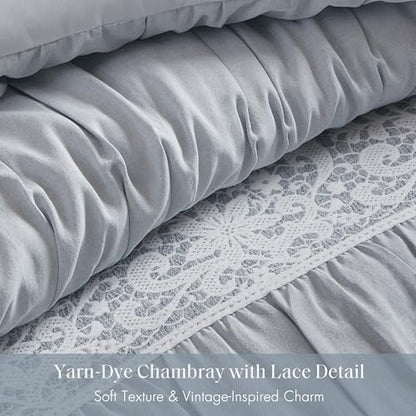 Madison Park 5-Piece Farmhouse Comforter Set with Ruching & Lace Trim, Soft Chambray Bedding, Includes Comforter and 2 Decorative Pillows, Queen, Blue