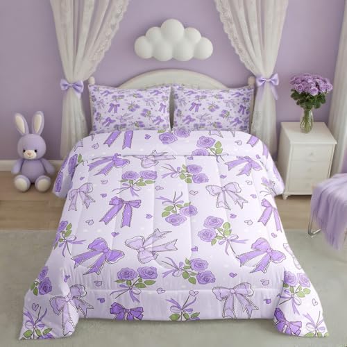 Castle Fairy Purple Bowknot Bedding Set with 2 Pillowcases,Romantic Rose Comforter Set for Teens Women Room,Retro Farmhouse Purple Floral Ultra Soft Bedding Set King Size,3 Pcs