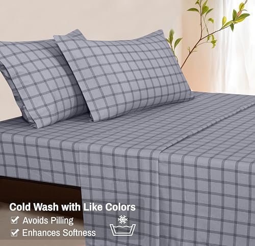 RUVANTI Flannel Sheets Twin XL Size - 100% Cotton Double Brushed Twin XL Sheet Sets, Deep Pockets 16 Inches, All Seasons Breathable & Extra Soft Bed Sheets, Warm & Cozy, 3 Piece, Open Grid Check