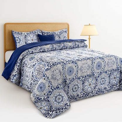 LUX Décor Reversible 5pc Queen Comforter Set, Printed Bedding Set, All-in-One Bed in a Bag, Includes 1 Comforter, 2 Pillow Shams, 1 Decorative Pillow & 1 Bed Skirt (Aztec Blue,Queen)
