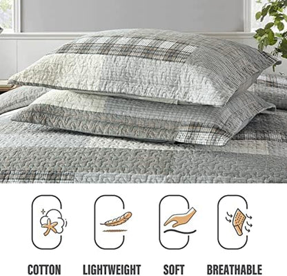 Y-PLWOMEN 100% Cotton Quilts Queen Size Farmhouse Striped 3-Pieces Bedding