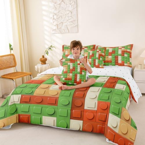 Feelyou Building Block Print 7 Piece Bedding Set King Size Kids Brick Styles Comforter Set with Sheets for Boys Teens Colorful Gaming Bed in a Bag Green Red Yellow Room Decor