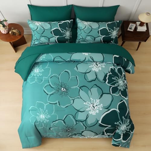 Anibedding 7Pieces Dark Green Floral Comforter Set Queen Size, Soft Microfiber Green Bed in a Bag Comforter Set with Sheets for All Season