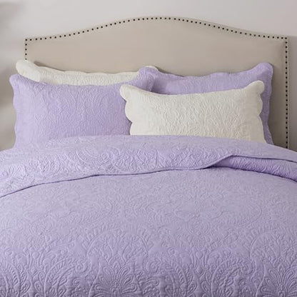 HoneiLife Quilt Sets King Size - Microfiber Bedspreads for King Bed, 3-Piece Lightweight Coverlets, Retro Bedlinen Sets, King Quilt Bedding Set All Season Use-Light Purple