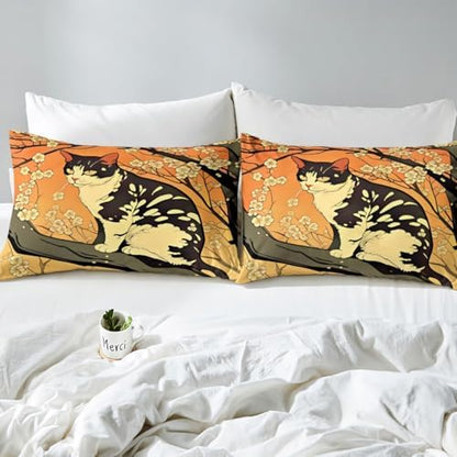 Feelyou Kids Cat Duvet Cover King Size Cherry Blossoms Bedding Set Boys Girls Sakura Flower Floral Botanical Branches Comforter Cover Set Japanese Style Pattern Bedspread Cover（No Comforter