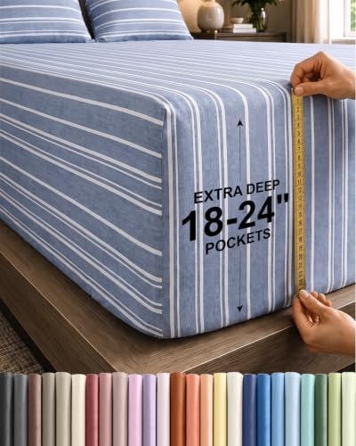 CGK Linens Extra Deep Split King Fitted Sheet Only - Blue Stripes