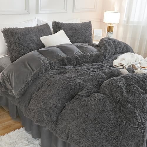 Andency Dark Grey King Size Comforter Set, Fluffy Faux Fur Warm Bedding Set