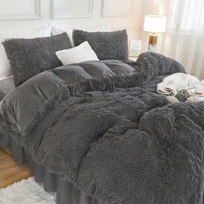 Andency Dark Grey Comforter Full Size Set, Fluffy Faux Fur Warm Bedding Set