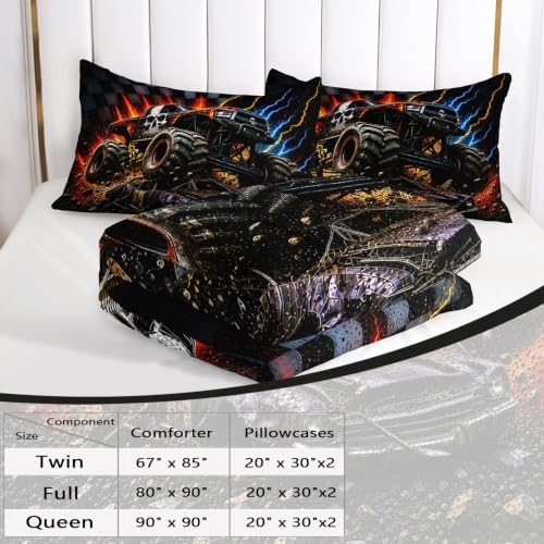 AILONEN Queen Comforter Set 3 Piece, Orange Black Off Road Truck 3D Printed Bedding with 2 Pillowcases, Soft Lightweight Microfiber Lightning Track Decor for Master Suite