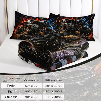 AILONEN Queen Comforter Set 3 Piece, Orange Black Off Road Truck 3D Printed Bedding with 2 Pillowcases, Soft Lightweight Microfiber Lightning Track Decor for Master Suite