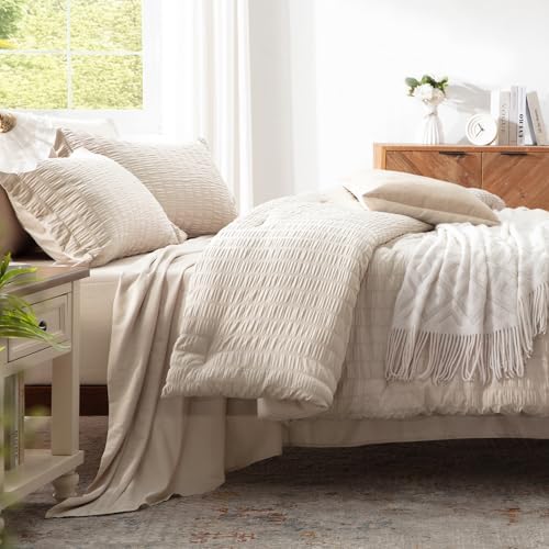 Zzlpp Full Size Comforter Sets 7 Piece, Beige Bed in a Bag Full Bedding Set