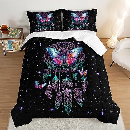 HOSIMA Dream Catcher Tween Bedding Sets for Girls,Butterfly Feather Dream Stories Comforter Set Kidcore Room Decor Aesthetic Galaxy Starry Black Boho Comforter Set Queen Size with 2 Pillowcases.