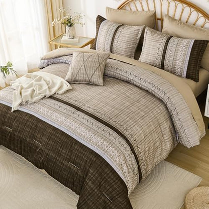 Dintszyayue Brown Comforter Set King Size, 8 Pieces Boho Striped Bed in a Bag Soft Microfiber Bedding Set for All Season