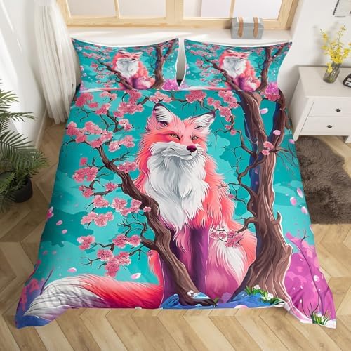 Feelyou Kids Fox Duvet Cover Toddler Cherry Blossoms Bedding Set Boys Girls Japanese Style Comforter Cover Set Cute Kawaii Animal Pattern Sakura Flower Bedspread Cover（No Comforter
