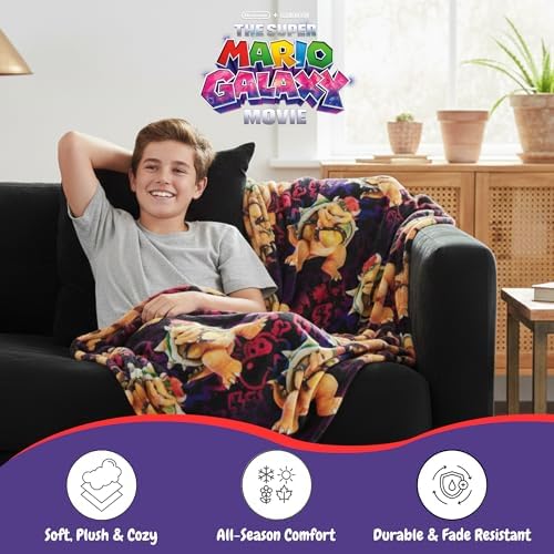 The Super Mario Galaxy Movie Kids Throw Blanket, Boswer Koopa, 46 in x 60 in Soft Cozy Decorative Blanket for Couch, Bed, or Gaming Room (Officially Licensed Product) by Franco