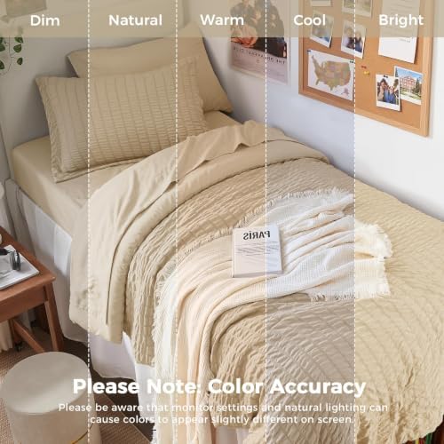 HYMOKEGE Khaki Twin Comforter Set Seersucker 5 Pieces, All Season Luxury Bed in a Bag for Bedroom, Bedding Set with Comforter, Sheets, Pillowcase & Sham