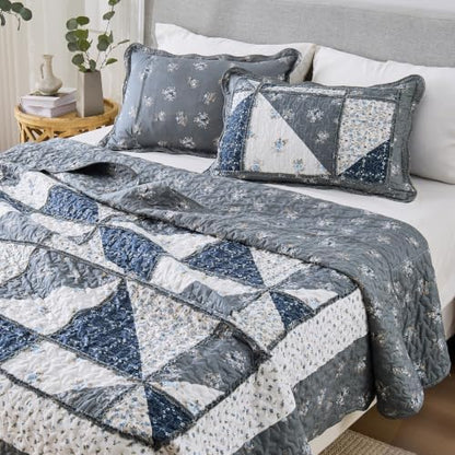 Oversized King Size Quilt Set 128x120 Grey Floral Patchwork Bedspreads Set