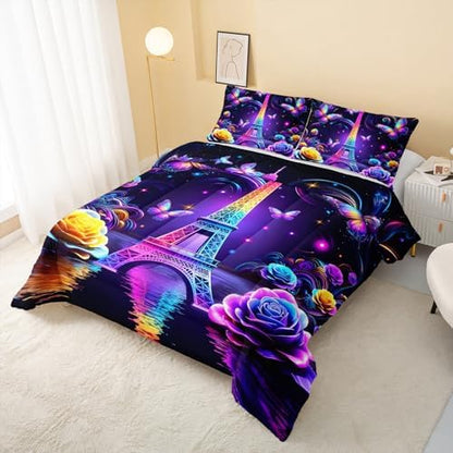 QOOMO Paris Eiffel Tower Kids Comforter Set Full Size
