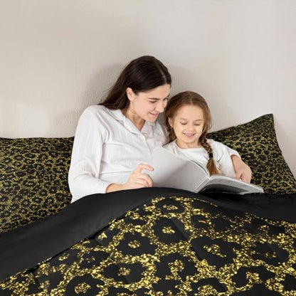 Black Leopard Kids Comforter Set King Size,Wild Animal Cheetah Skin Abstract Bedding Set,Girls Boys Room Decor,Wildlife Golden Glitter Modern Quilt Comforter,Fashion Duvet Insert,2 Pillowcases