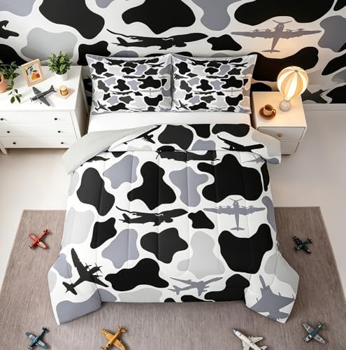 Feelyou Gray Airplane Kids Comforter Set Toddler Size Camouflage Aircraft Bedding Set Camo Military Duvet Quilt for Kids Boys Girls Bedroom Decor Microfiber Ultra Soft Breathable