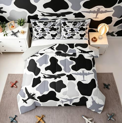 Feelyou Gray Airplane Kids Comforter Set Twin Size Camouflage Aircraft Bedding Set Camo Military Duvet Quilt for Kids Boys Girls Bedroom Army Fighter Airplanes Decor Microfiber Ultra Soft Breathable
