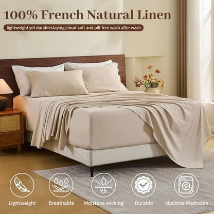 MEISHANG 100% French Linen Sheets King,6 Pcs,18-24" Extra Deep Pocket
