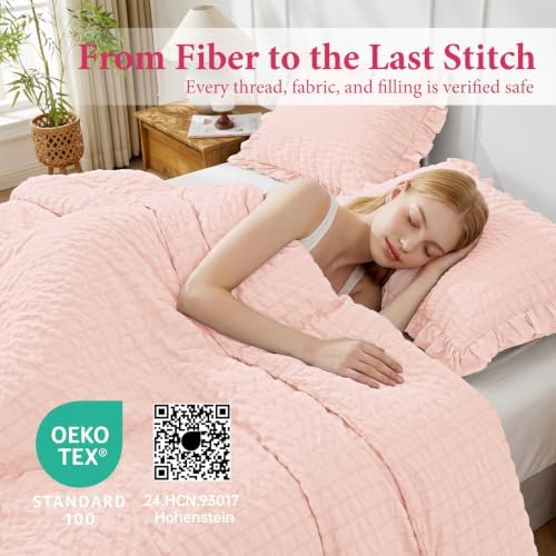 JOLLYVOGUE Blush Pink Queen Comforter Set,3pcs Ruffle Seersucker Bed Set