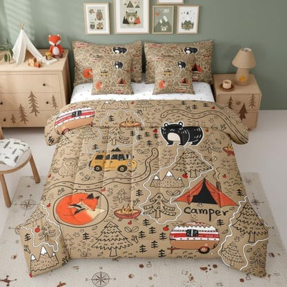 Erosebridal Kids RV Camping Full Bedding Set 7 Piece,Camper Bunk Comforter Set with Sheets for Travel Trailer Decor,Forest Themed Bear Fox Owl Bed Set with Fitted Sheet+Flat Sheet,Pillowcases