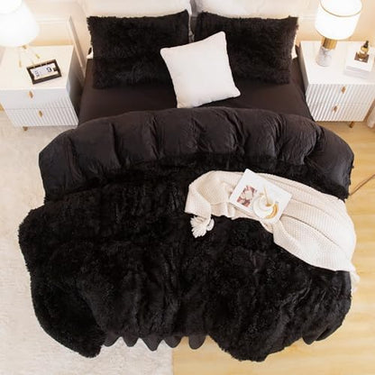 Andency Twin Comforter Set Black, Fluffy Faux Fur Warm Bedding Set