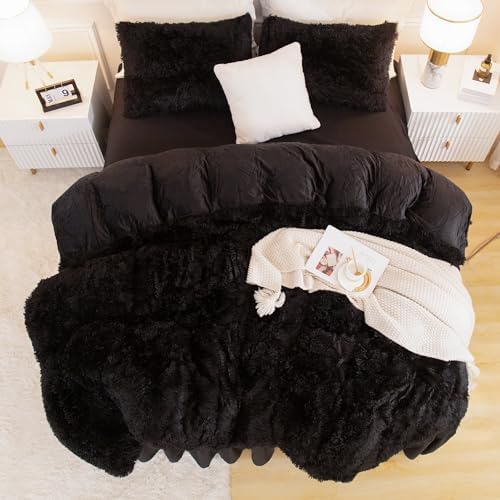 Andency Comforter Full Size Set Black, Fluffy Faux Fur Warm Bedding Set