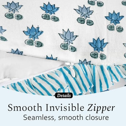 CPC Block Print Arctic Blue Ruffle Cotton Lumbar Pillow Cover 12x20 inch