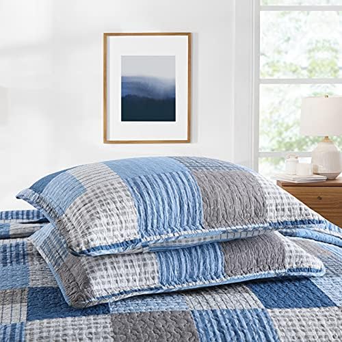 PANGUSHAN King Size Quilt Set,100% Cotton King Quilt Bedding Set Bedspread,Patchwork Plaid Quilt Bedspreads for King Bed,Navy Blue/Blue Reversible Lightweight Comforter Bed Set,All Season,3 Pieces