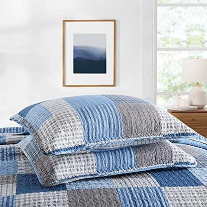 PANGUSHAN King Size Quilt Set,100% Cotton King Quilt Bedding Set Bedspread,Patchwork Plaid Quilt Bedspreads for King Bed,Navy Blue/Blue Reversible Lightweight Comforter Bed Set,All Season,3 Pieces