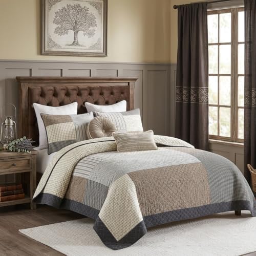 Quilta 100% Cotton Quilt Set, Real Patchwork Plaid Quilts/Brown/Gray/Beige