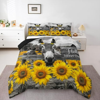 Erosebridal Donkey Comforter Set Twin Size - Funny Farm Animal Bedding 2 Piece for Boys Girls Kids - Rustic Farmhouse Sunflower Duvet Insert With Cute Print Quilt and 1 Pillowcase
