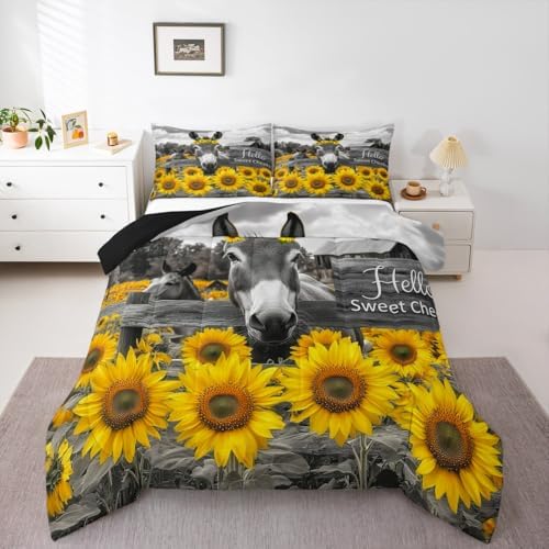 Erosebridal Donkey Comforter Set - Queen Size Funny Farm Animal Bedding 3 Piece for Boys & Girls - Rustic Farmhouse Sunflower Duvet Insert - Cute Farm Donkey Print Quilt with 2 Pillowcases